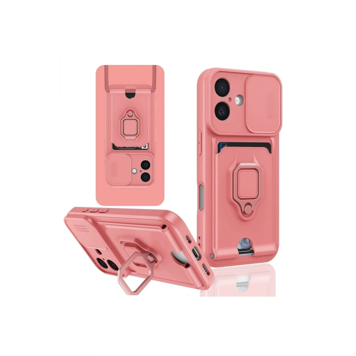Mey İthalat®   iPhone 16 Kılıf Zuma Kartvizitli Yüzüklü Silikon - Pembe