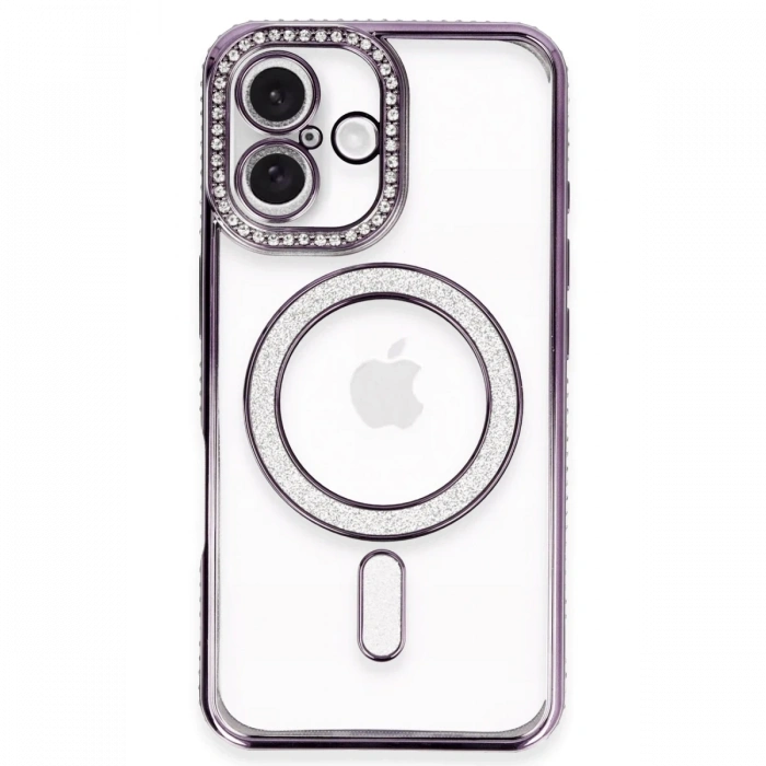 Mey İthalat®   iPhone 16 Plus Kılıf Joke Simli Magneticsafe Kılıf - Derin Mor