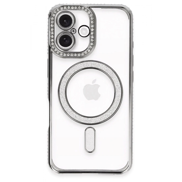 Mey İthalat®   iPhone 16 Plus Kılıf Joke Simli Magneticsafe Kılıf - Gri