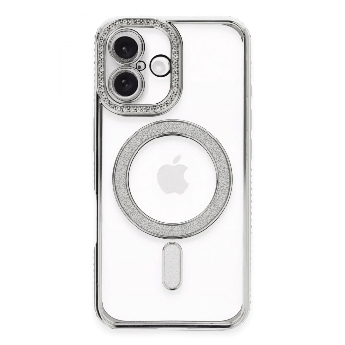 Mey İthalat®   iPhone 16 Plus Kılıf Joke Simli Magneticsafe Kılıf - Gümüş