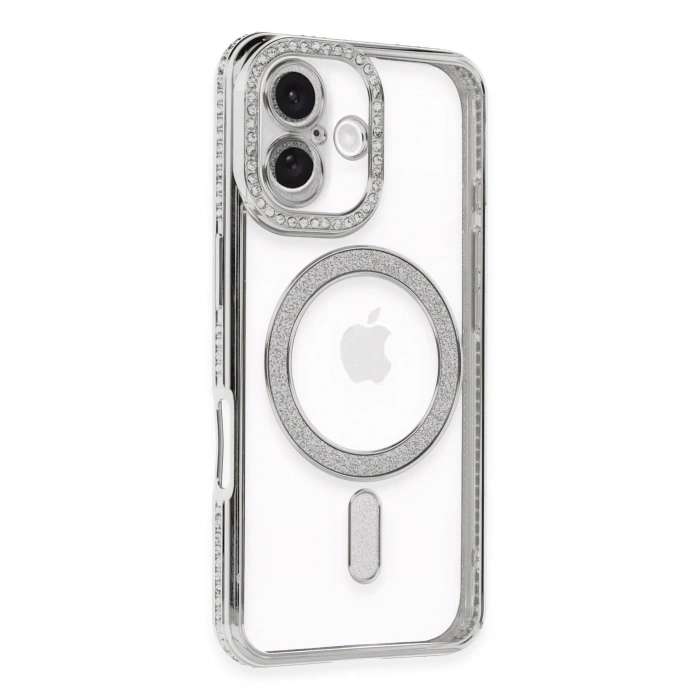 Mey İthalat®   iPhone 16 Plus Kılıf Joke Simli Magneticsafe Kılıf - Gümüş