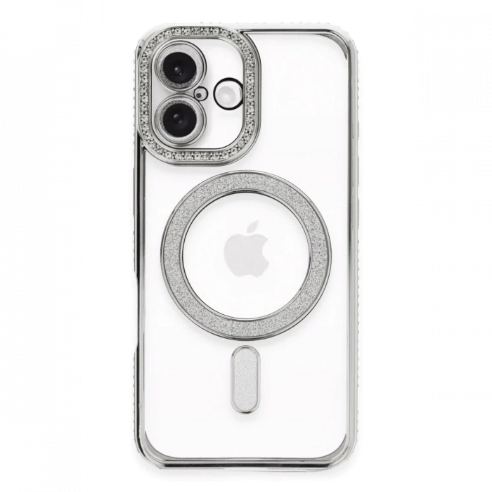 Mey İthalat®   iPhone 16 Plus Kılıf Joke Simli Magneticsafe Kılıf - Gümüş