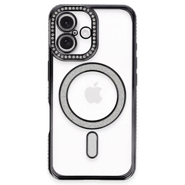 Mey İthalat®   iPhone 16 Plus Kılıf Joke Simli Magneticsafe Kılıf - Siyah