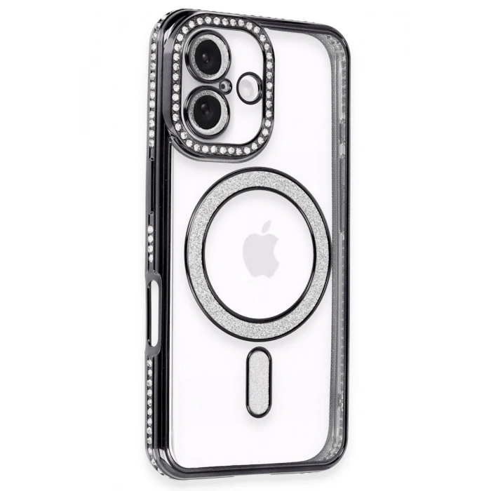 Mey İthalat®   iPhone 16 Plus Kılıf Joke Simli Magneticsafe Kılıf - Siyah