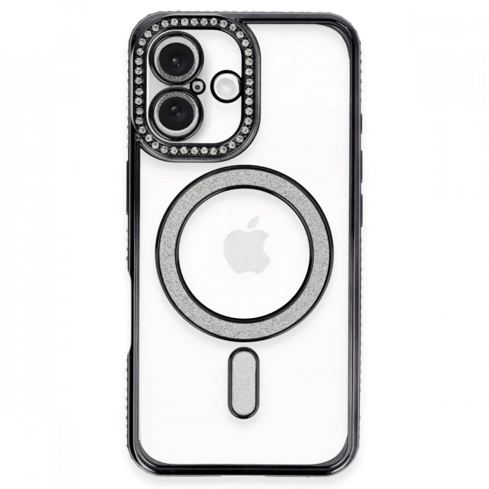 Mey İthalat®   iPhone 16 Plus Kılıf Joke Simli Magneticsafe Kılıf - Siyah