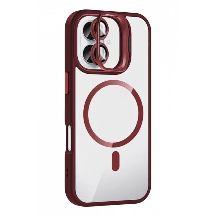 Mey İthalat®   iPhone 16 Plus Remim Lensli Magsafe Standlı Kapak - Bordo