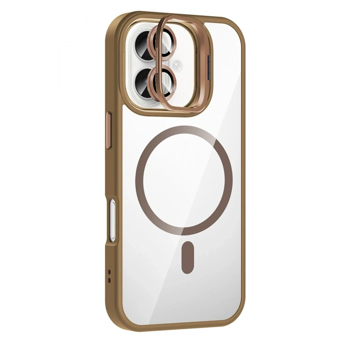 Mey İthalat®   iPhone 16 Plus Remim Lensli Magsafe Standlı Kapak - Kahverengi