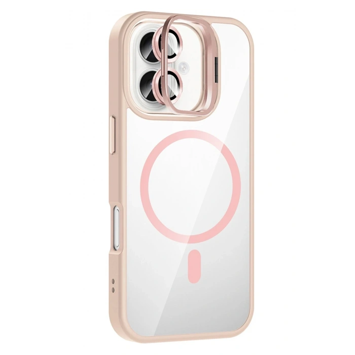 Mey İthalat®   iPhone 16 Plus Remim Lensli Magsafe Standlı Kapak - Pembe