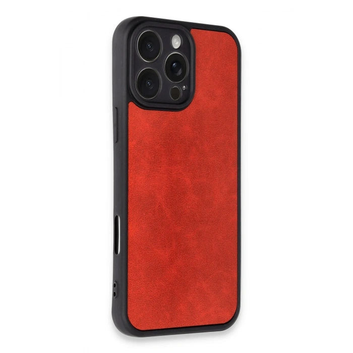 Mey İthalat®   iPhone 16 Pro Kılıf Aras Deri Kapak - Kırmızı