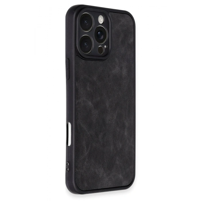 Mey İthalat®   iPhone 16 Pro Kılıf Aras Deri Kapak - Siyah