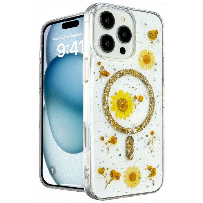 Mey İthalat®   iPhone 16 Pro Kılıf Daisy Simli Magsafe Kapak - Gold
