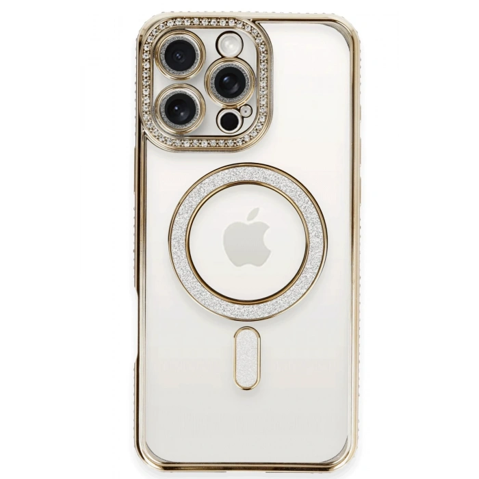 Mey İthalat®   iPhone 16 Pro Kılıf Joke Simli Magneticsafe Kılıf - Gold