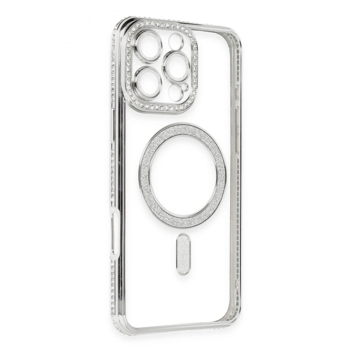 Mey İthalat®   iPhone 16 Pro Kılıf Joke Simli Magneticsafe Kılıf - Gümüş
