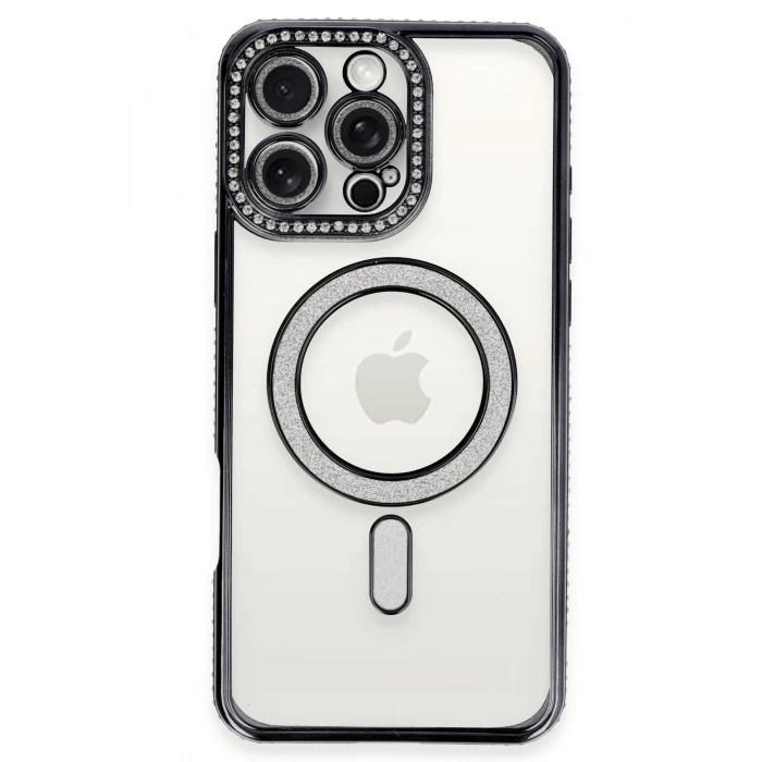 Mey İthalat®   iPhone 16 Pro Kılıf Joke Simli Magneticsafe Kılıf - Siyah