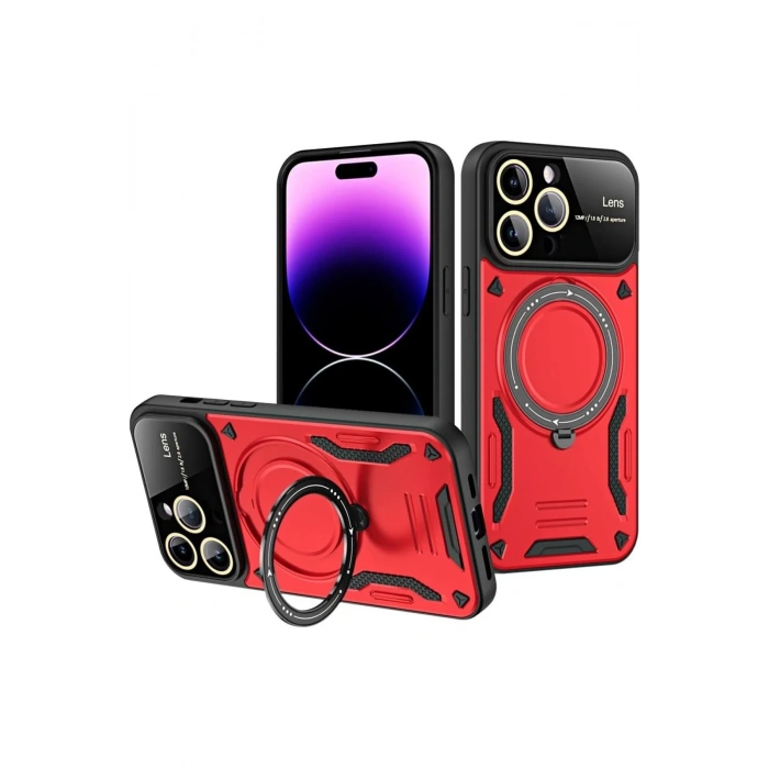 Mey İthalat®   iPhone 16 Pro Kılıf Joy Lens Standlı Kapak - Kırmızı