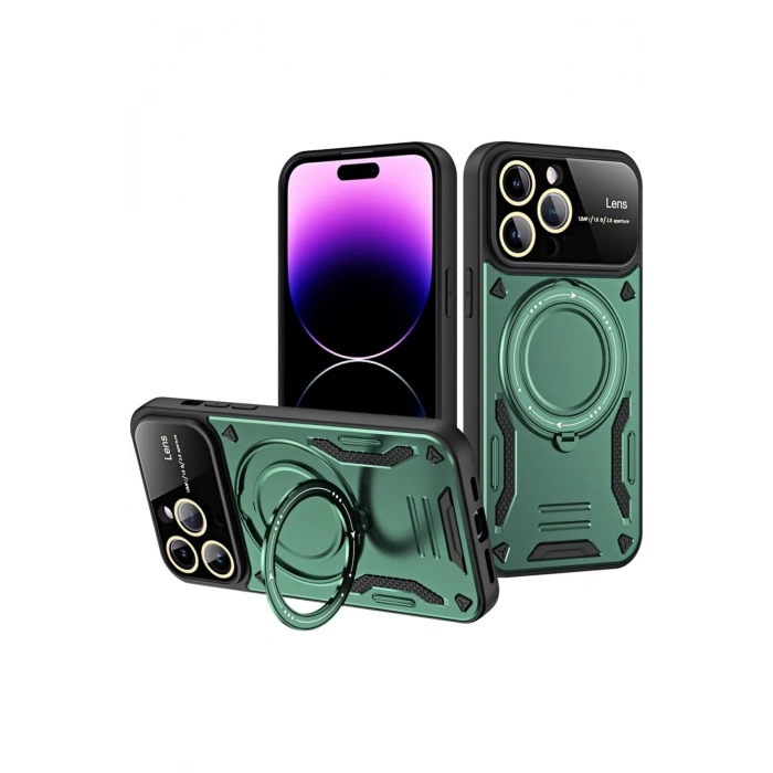 Mey İthalat®   iPhone 16 Pro Kılıf Joy Lens Standlı Kapak - Koyu Yeşil