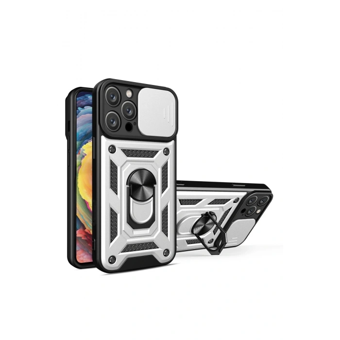 Mey İthalat®   iPhone 16 Pro Kılıf Pars Lens Yüzüklü Silikon - Gümüş