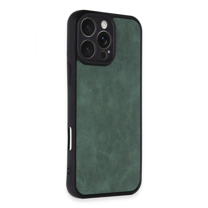 Mey İthalat®   iPhone 16 Pro Max Kılıf Aras Deri Kapak - Koyu Yeşil