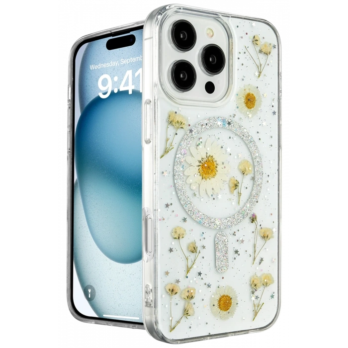 Mey İthalat®   iPhone 16 Pro Max Kılıf Daisy Simli Magsafe Kapak - Gümüş