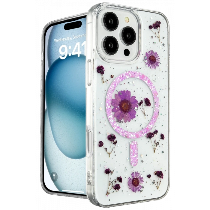 Mey İthalat®   iPhone 16 Pro Max Kılıf Daisy Simli Magsafe Kapak - Mor