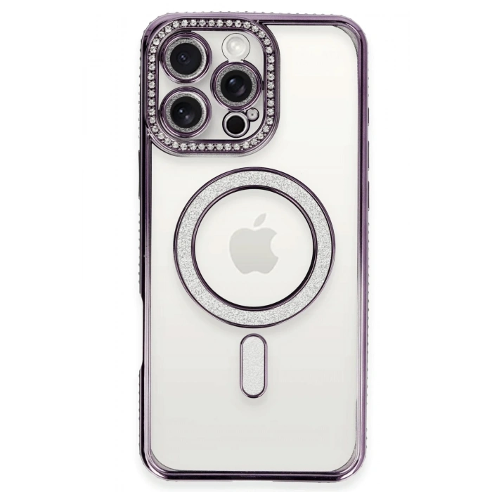 Mey İthalat®   iPhone 16 Pro Max Kılıf Joke Simli Magneticsafe Kılıf - Derin Mor