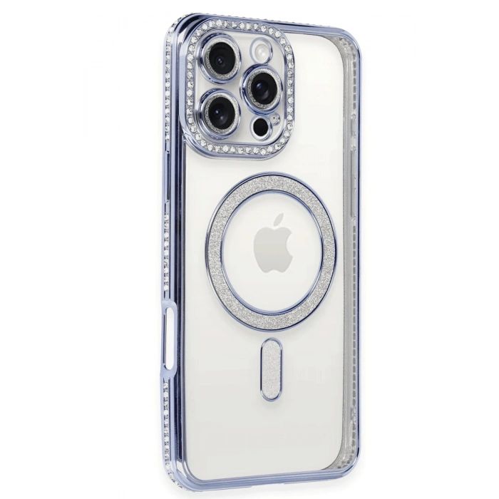 Mey İthalat®   iPhone 16 Pro Max Kılıf Joke Simli Magneticsafe Kılıf - Mavi