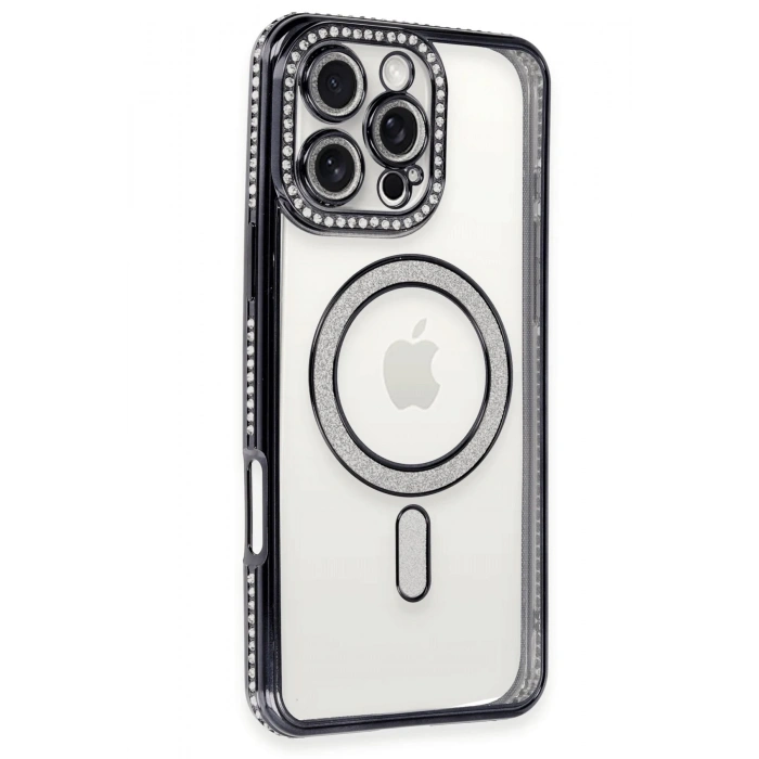 Mey İthalat®   iPhone 16 Pro Max Kılıf Joke Simli Magneticsafe Kılıf - Siyah