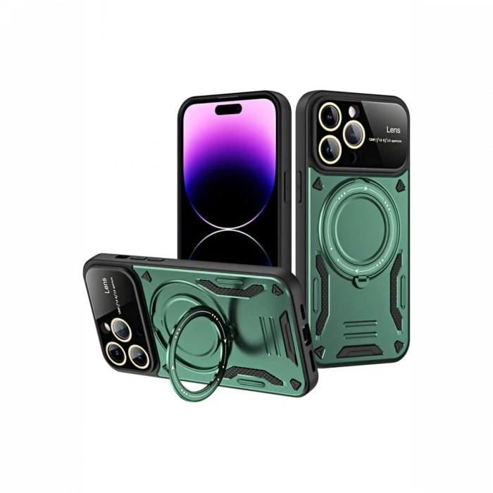 Mey İthalat®   iPhone 16 Pro Max Kılıf Joy Lens Standlı Kapak - Koyu Yeşil