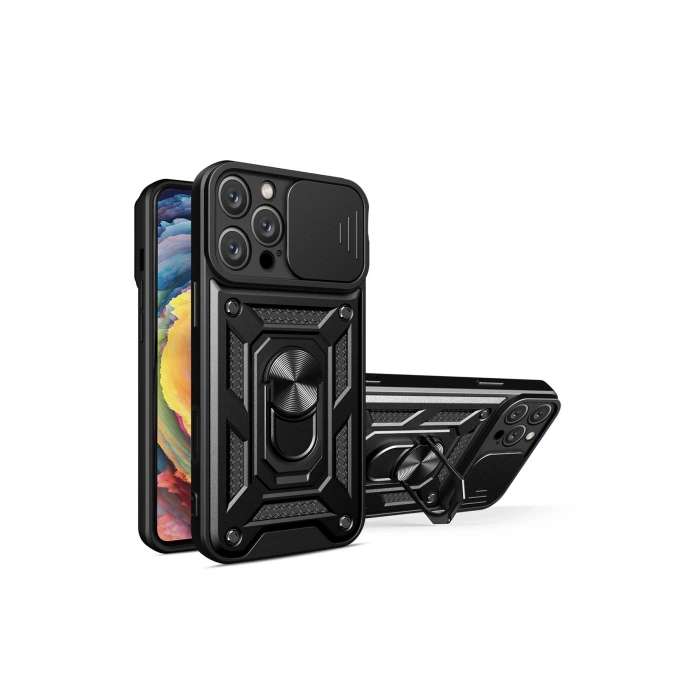 Mey İthalat®   iPhone 16 Pro Max Kılıf Pars Lens Yüzüklü Silikon - Siyah