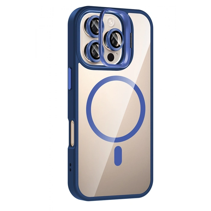 Mey İthalat®   iPhone 16 Pro Remim Lensli Magsafe Standlı Kapak - Lacivert