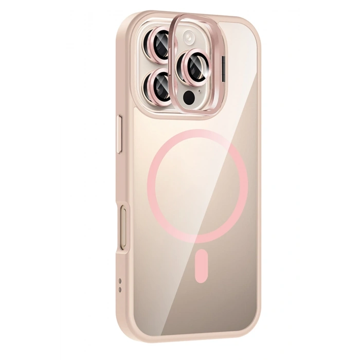 Mey İthalat®   iPhone 16 Pro Remim Lensli Magsafe Standlı Kapak - Pembe