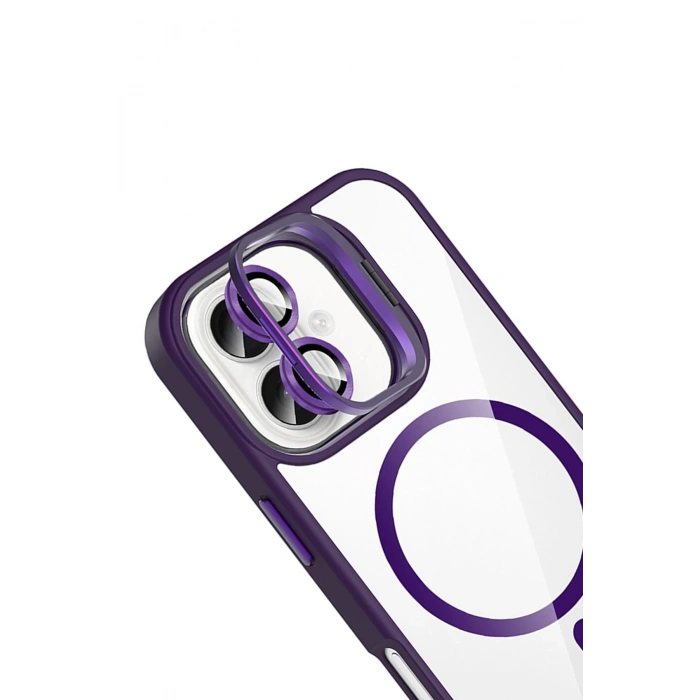 Mey İthalat®   iPhone 16 Remim Lensli Magsafe Standlı Kapak - Derin Mor