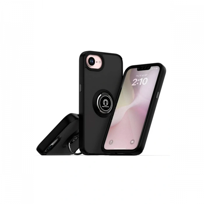 Mey İthalat®   iPhone 16E Kılıf Montreal Yüzüklü Silikon Kapak - Siyah