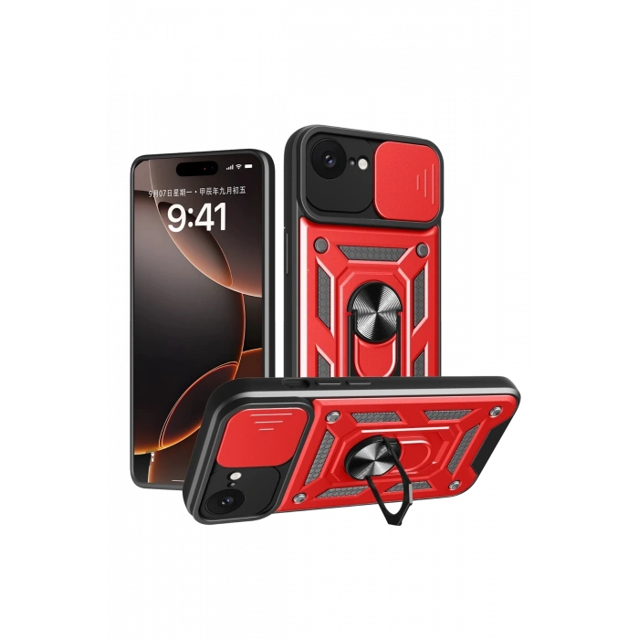 Mey İthalat®   iPhone 16E Kılıf Pars Lens Yüzüklü Silikon - Kırmızı