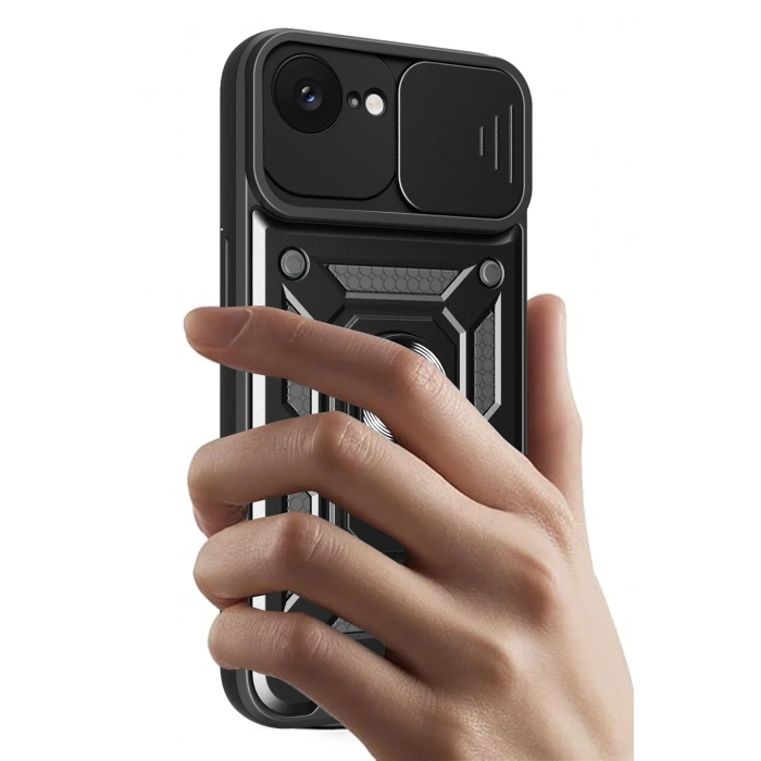 Mey İthalat®   iPhone 16E Kılıf Pars Lens Yüzüklü Silikon - Kırmızı