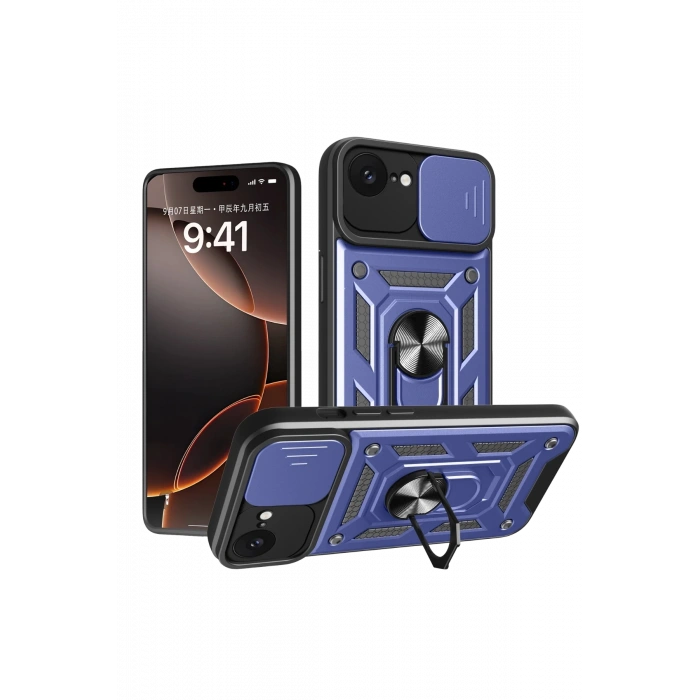 Mey İthalat®   iPhone 16E Kılıf Pars Lens Yüzüklü Silikon - Lacivert