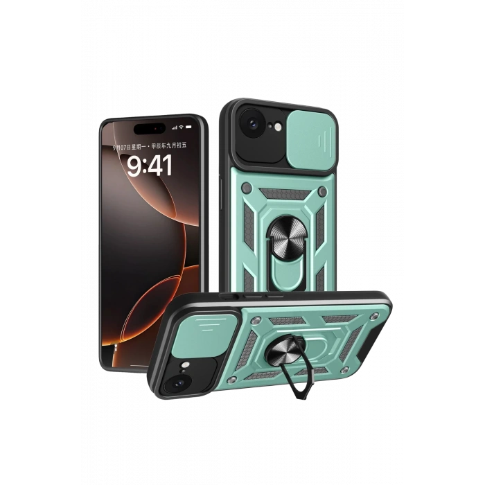 Mey İthalat®   iPhone 16E Kılıf Pars Lens Yüzüklü Silikon - Yeşil