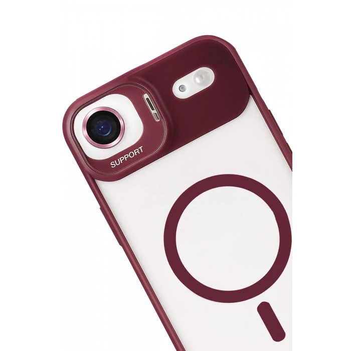 Mey İthalat®   iPhone 17 Air Remim Lensli Magsafe Standlı Kapak - Bordo
