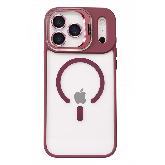 Mey İthalat®   iPhone 17 Pro Max Remim Lensli Magsafe Standlı Kapak - Bordo