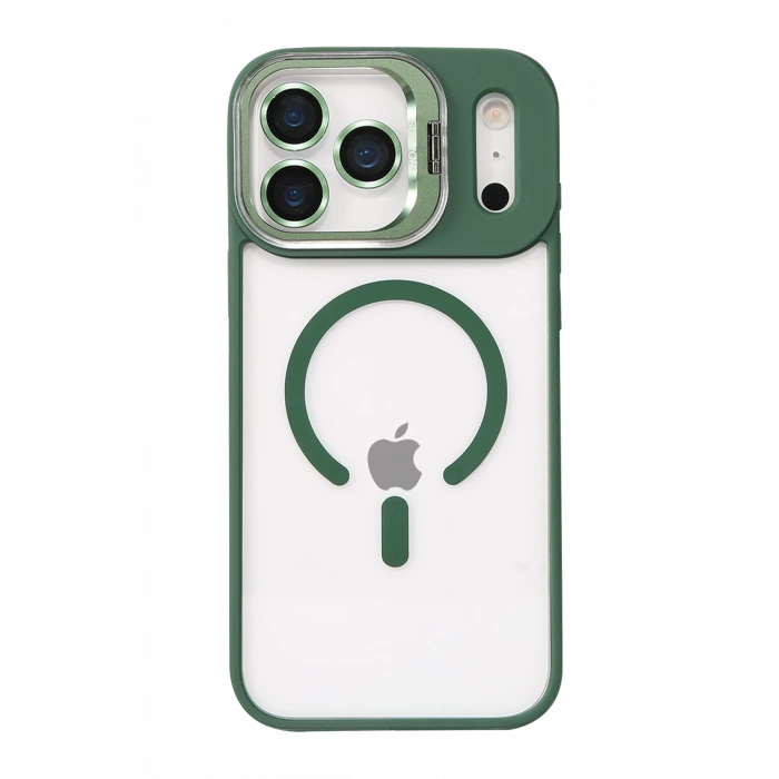 Mey İthalat®   iPhone 17 Pro Max Remim Lensli Magsafe Standlı Kapak - Koyu Yeşil