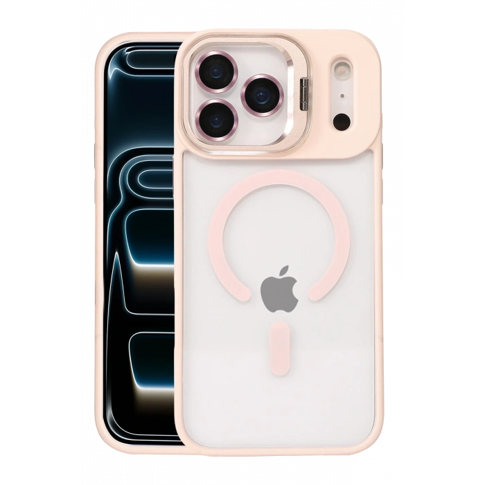 Mey İthalat®   iPhone 17 Pro Max Remim Lensli Magsafe Standlı Kapak - Pembe
