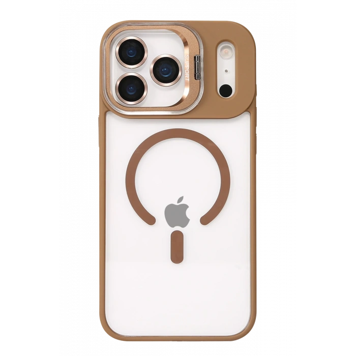 Mey İthalat®   iPhone 17 Pro Remim Lensli Magsafe Standlı Kapak - Kahverengi