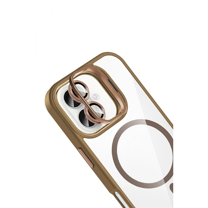 Mey İthalat®   iPhone 17 Remim Lensli Magsafe Standlı Kapak - Kahverengi