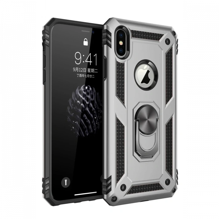 Mey İthalat®   iPhone X Kılıf Sofya Yüzüklü Silikon Kapak - Gümüş