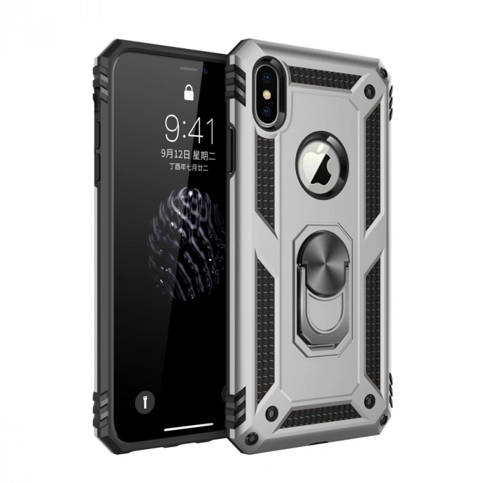 Mey İthalat®   iPhone X Kılıf Sofya Yüzüklü Silikon Kapak - Gümüş