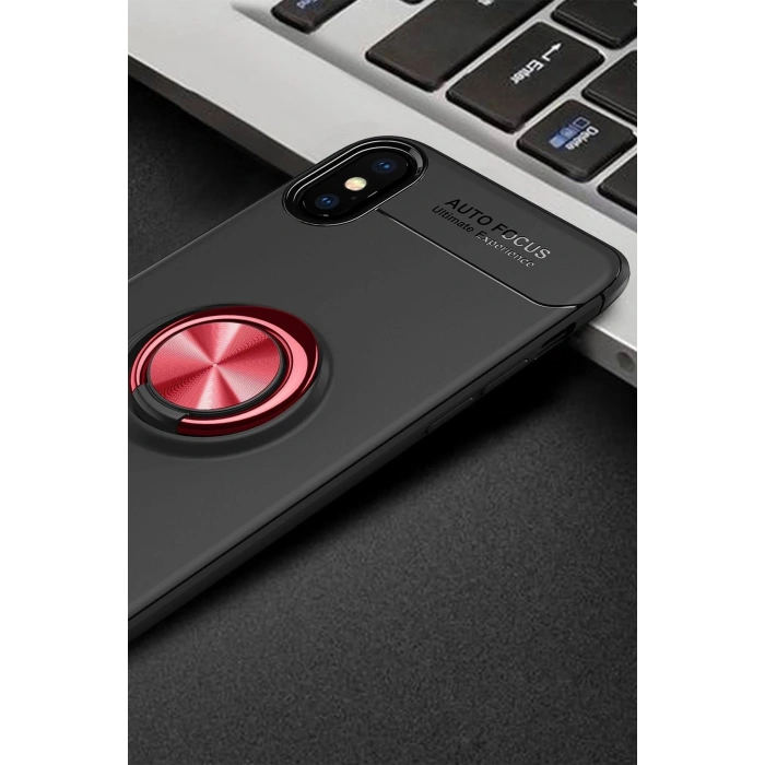 Mey İthalat®   iPhone XS Max Kılıf Range Yüzüklü Silikon - Siyah-Kırmızı