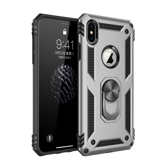 Mey İthalat®   iPhone XS Max Kılıf Sofya Yüzüklü Silikon Kapak - Gümüş
