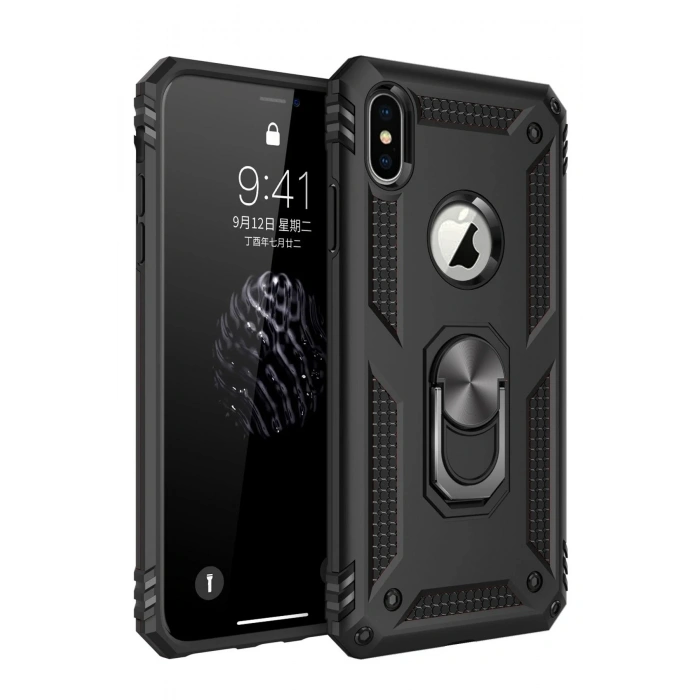 Mey İthalat®   iPhone XS Max Kılıf Sofya Yüzüklü Silikon Kapak - Siyah