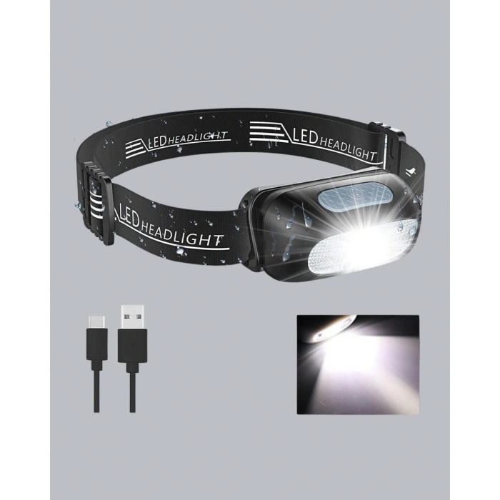 Mey İthalat® IPX5 Su Geçirmez Şarjlı LED Kafa Feneri | Hareket Sensörlü, Ayarlanabilir 60° Far