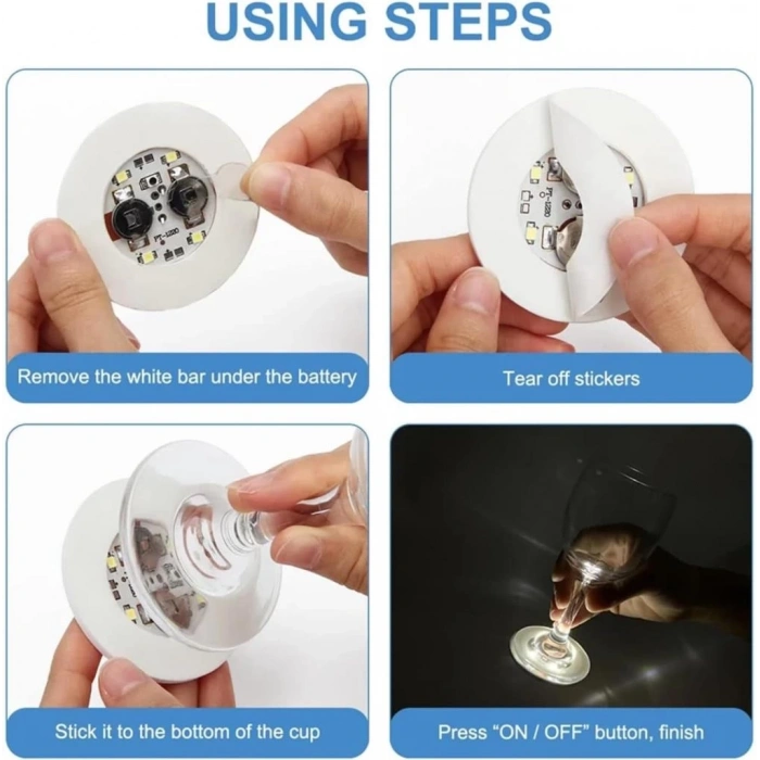 Mey İthalat® Işıklı Yapışkanlı Bardak Altı Aparatı Ledli 3 Fonksiyonlu 6 cm Çap